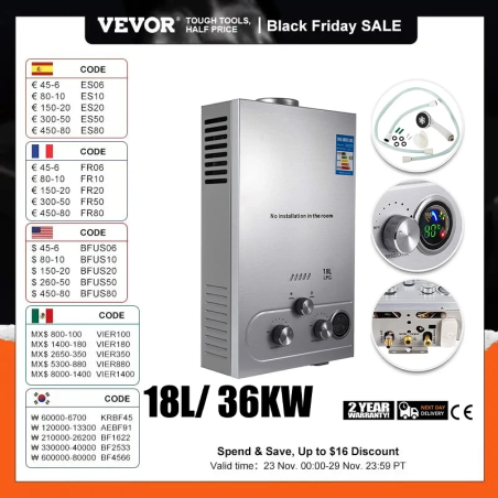 Calentador de agua sin tanque VEVOR: Calentador de agua instantáneo a gas GLP de 36 kW para el hogar y camping