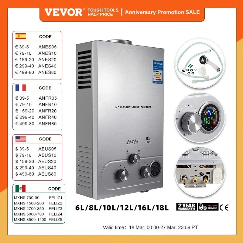 Calentador de agua a gas VEVOR LPG: Calefacción potente y portátil