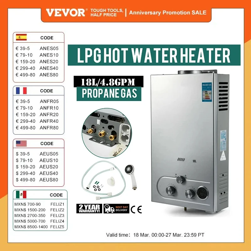 Calentador de agua sin tanque VEVOR: agua caliente instantánea para el hogar y el campamento