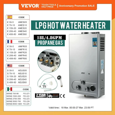 Calentador de agua sin tanque VEVOR: agua caliente instantánea para el hogar y el campamento