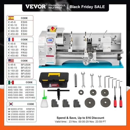 Mini torno VEVOR: potente torno de 1100 W para proyectos de precisión.
