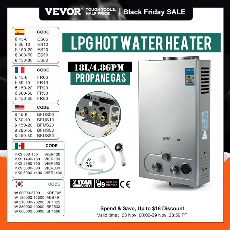 Calentador de agua a gas LPG VEVOR - Caldera sin tanque de gran capacidad