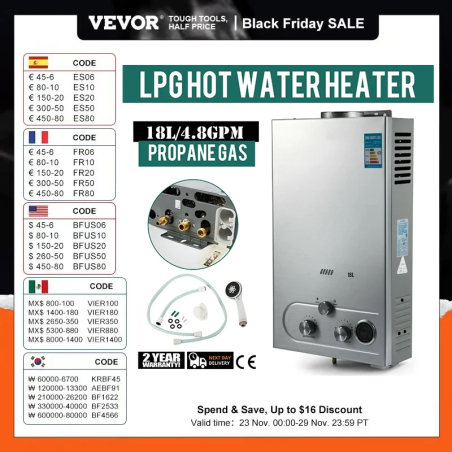 Calentador de agua a gas LPG VEVOR - Caldera sin tanque de gran capacidad